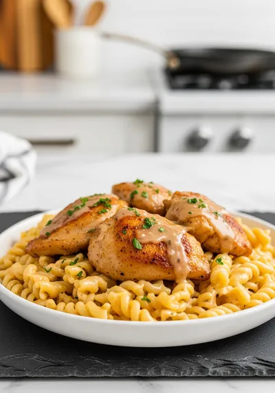 Creamy Garlic Parmesan Chicken & Cheesy Twisted Pasta
