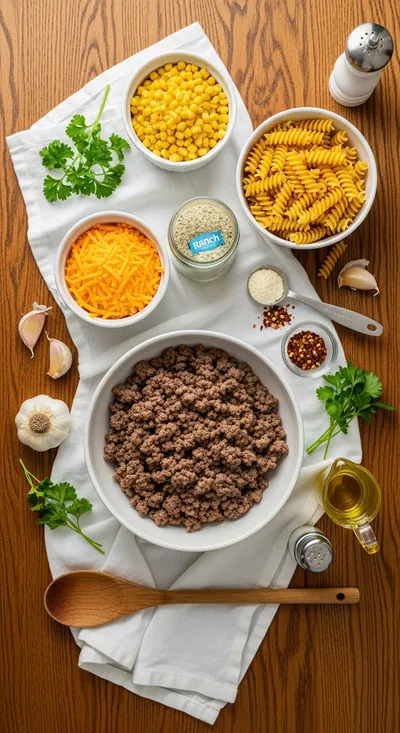 Loaded Cheddar Ranch Beef & Sweet Corn Rotini Bake - cooking process