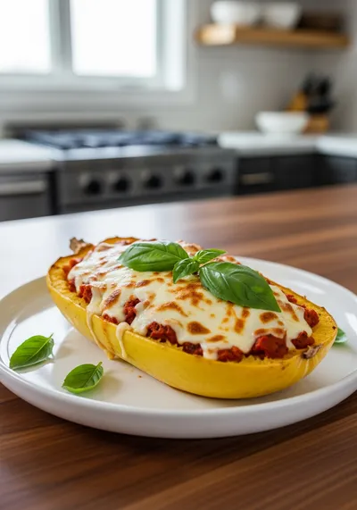 Low Carb Stuffed Spaghetti Squash Lasagna Boats