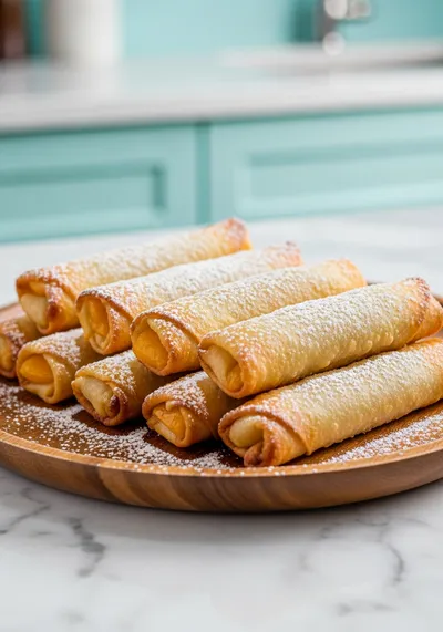 Peach Cobbler Egg Rolls with Vanilla Bean Sauce