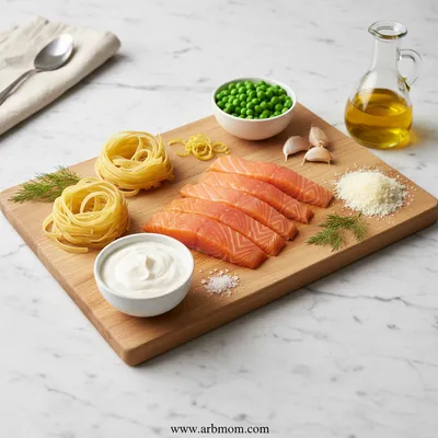 Smoked Salmon Pasta with Cream Sauce and Peas - cooking process