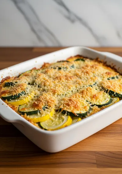 Zucchini and Squash Casserole with Crispy Parmesan Topping